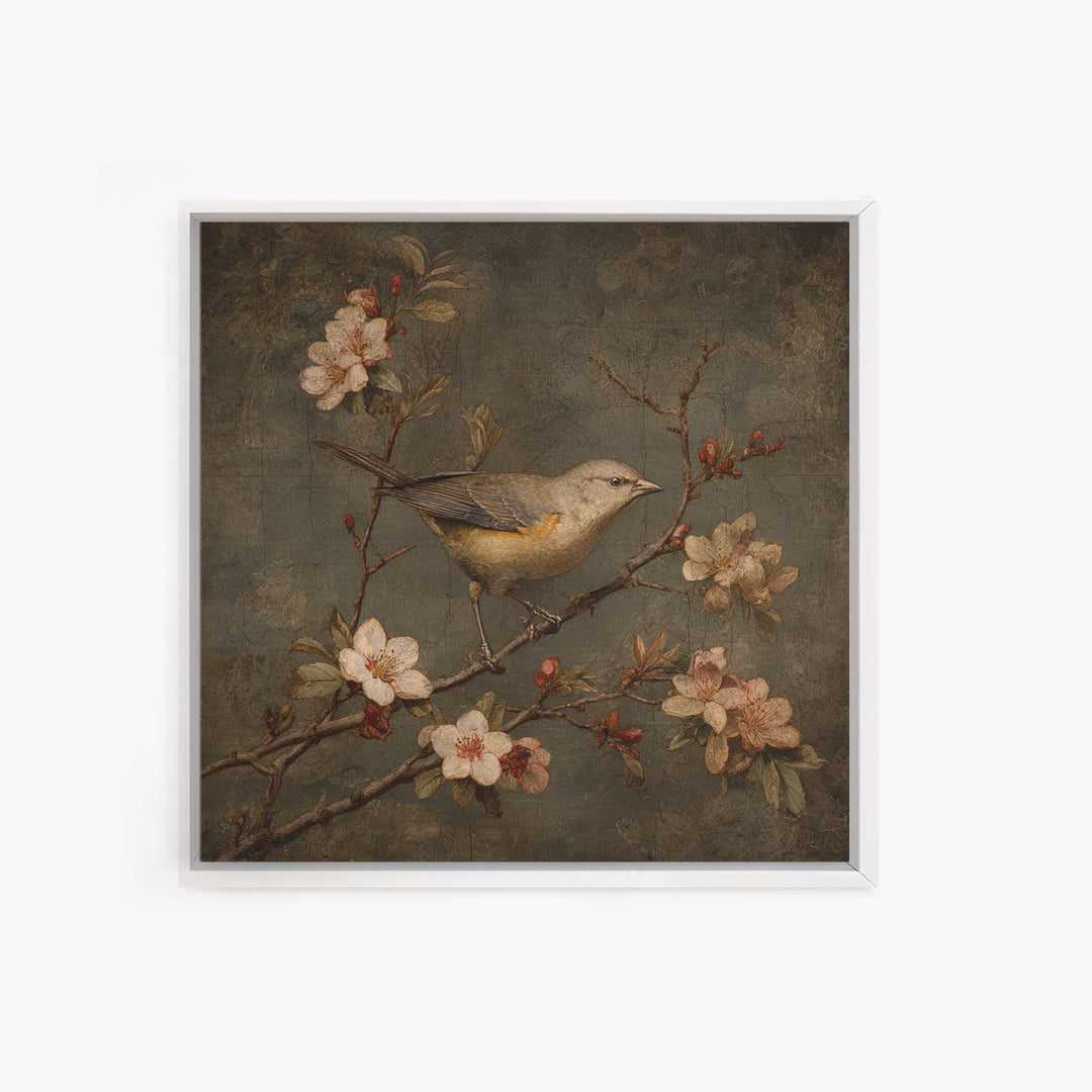 Bird Study on a Flowering Branch Framed Canvas Print, Traditional Art, Pokemon Poster, Living Room Decor, Fine Art, Classic, TRA-1x1-58