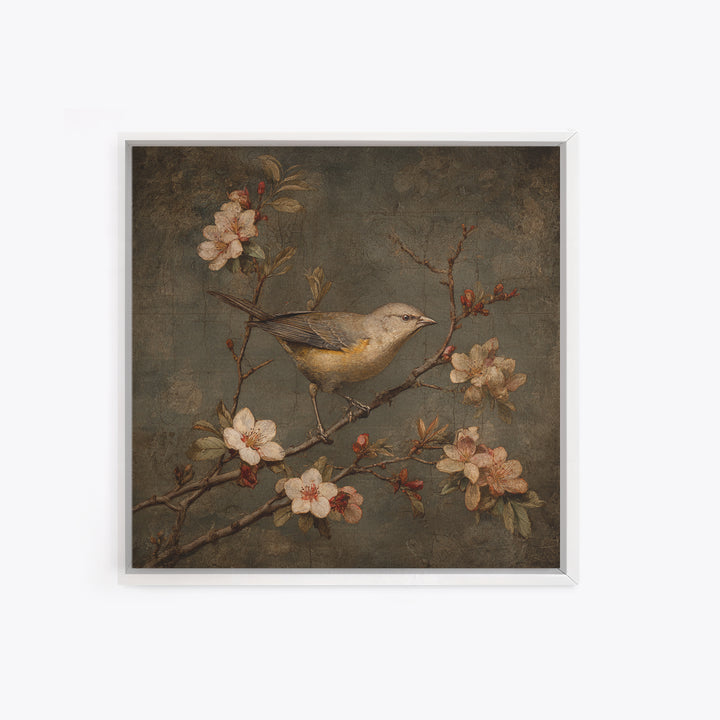 Bird Study on a Flowering Branch Framed Canvas Print, Traditional Art, Pokemon Poster, Living Room Decor, Fine Art, Classic, TRA-1x1-58