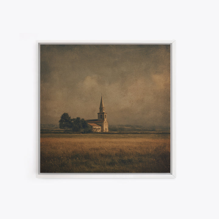 Church Steeple Across Rural Meadow Framed Canvas Print, Traditional Art, Boho Decor, Living Room Decor, Fine Art, Classic, TRA-1x1-61