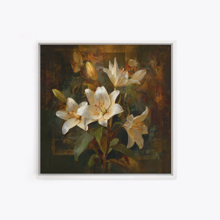 White Lilies on Dark Background Framed Canvas Print, Traditional Art, Neutral Decor, Living Room Decor, Fine Art, Classic, TRA-1x1-63