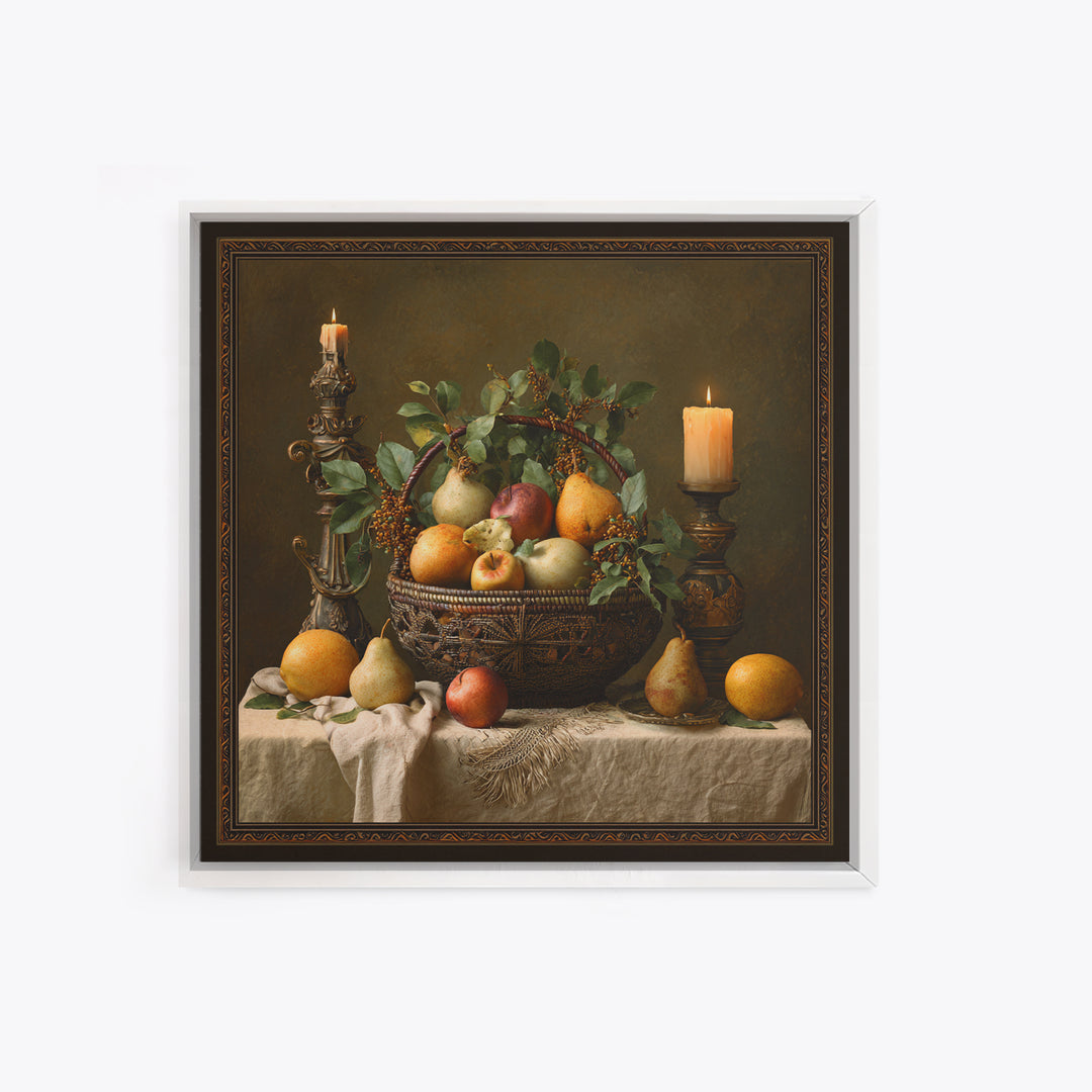 Basket of Apples and Pears on Linen Framed Canvas Print, Traditional Art, Landscape, Living Room Decor, Fine Art, Classic, TRA-1x1-66