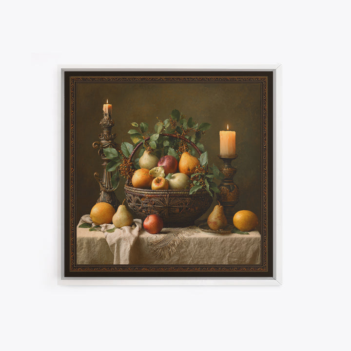 Basket of Apples and Pears on Linen Framed Canvas Print, Traditional Art, Landscape, Living Room Decor, Fine Art, Classic, TRA-1x1-66