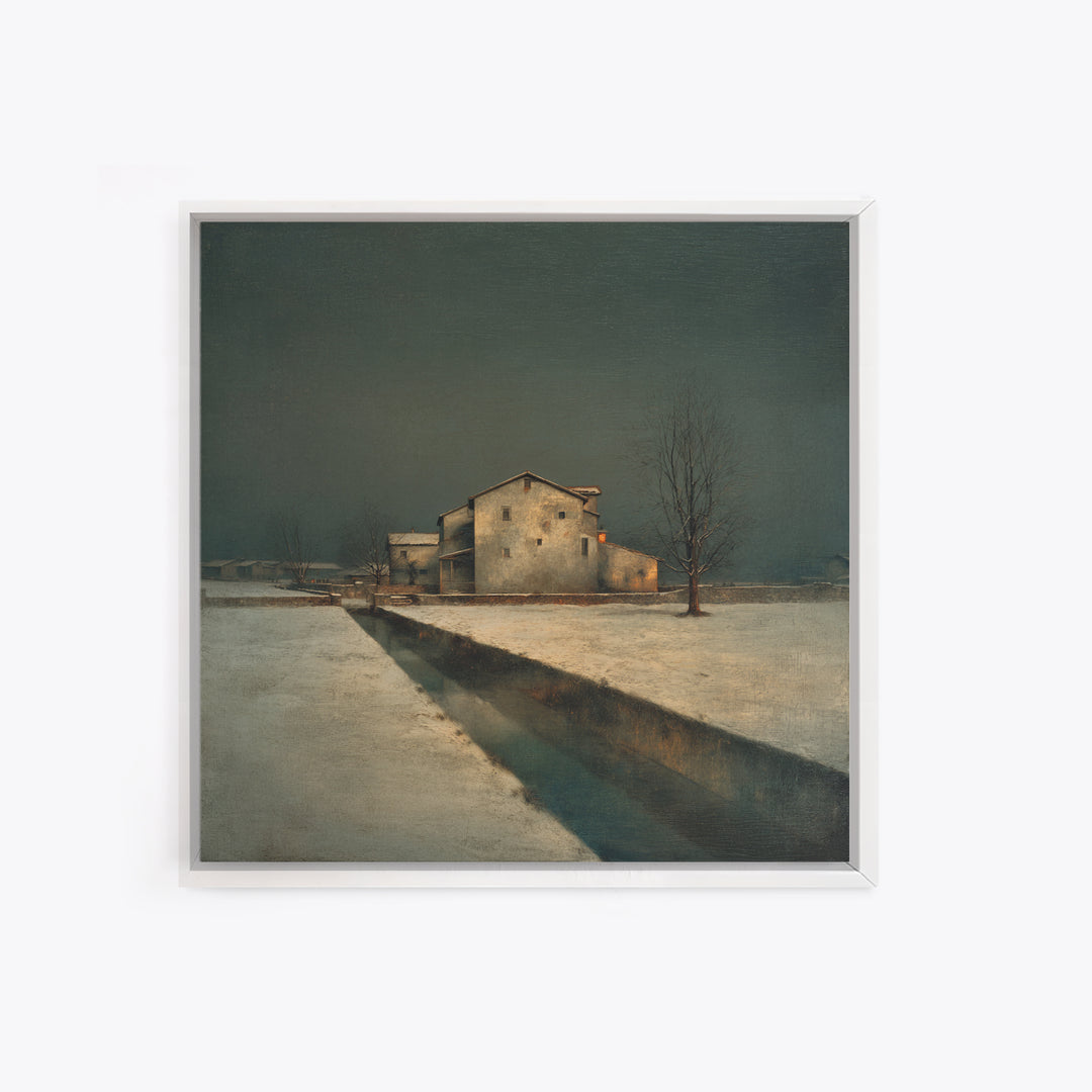 Snowy Village Landscape at Twilight Framed Canvas Print, Traditional Art, Modern Decor, Living Room Decor, Fine Art, Classic, TRA-1x1-67