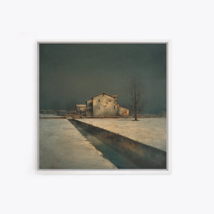 Snowy Village Landscape at Twilight Framed Canvas Print, Traditional Art, Modern Decor, Living Room Decor, Fine Art, Classic, TRA-1x1-67