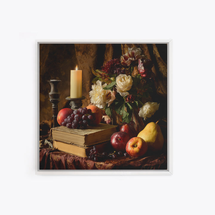 Still Life of Books Candle and Fruit Framed Canvas Print, Traditional Art, Watercolor Art, Living Room Decor, Fine Art, Classic, TRA-1x1-68