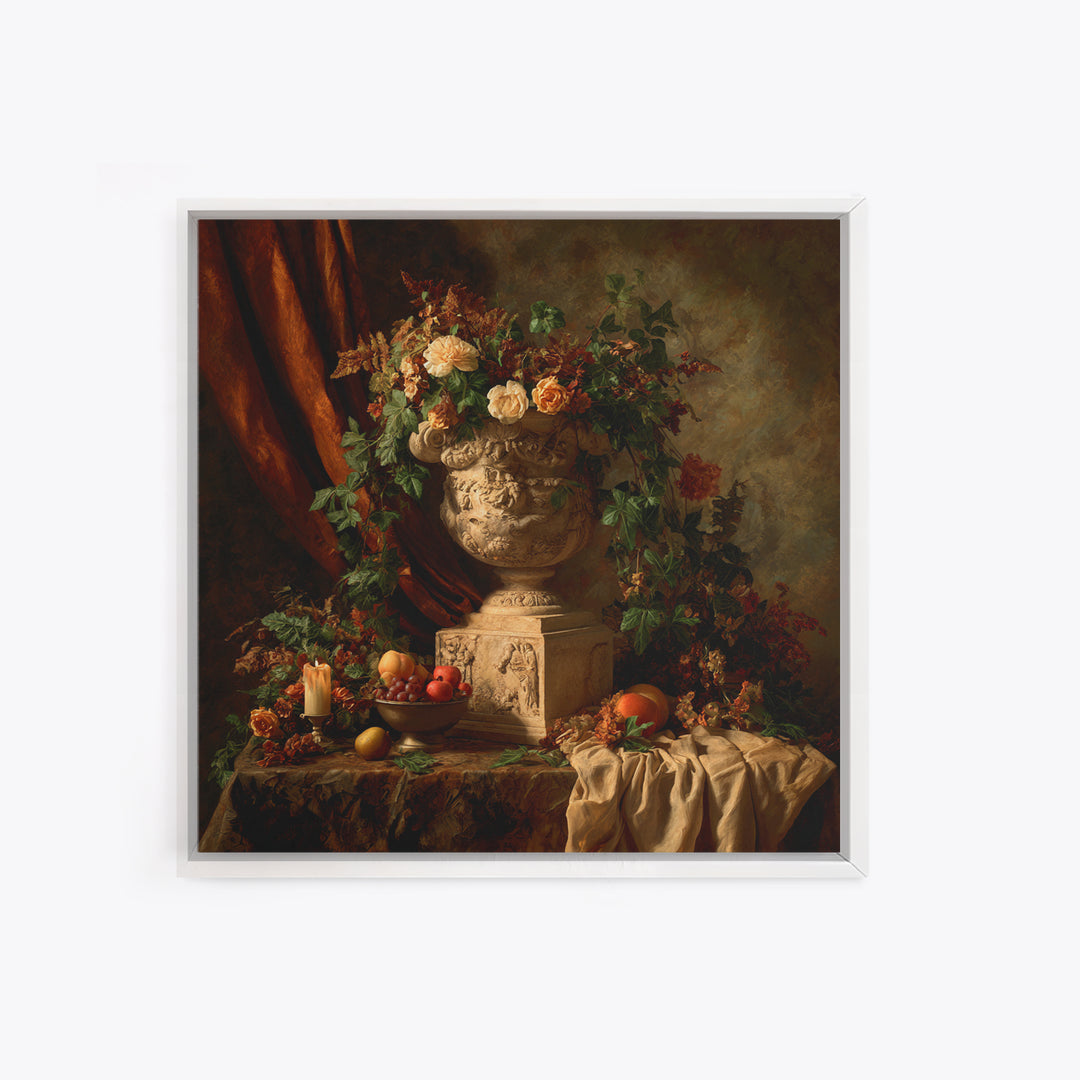 Garden Urn with Roses and Ivy Framed Canvas Print, Traditional Art, Landscape, Living Room Decor, Fine Art, Classic, TRA-1x1-72