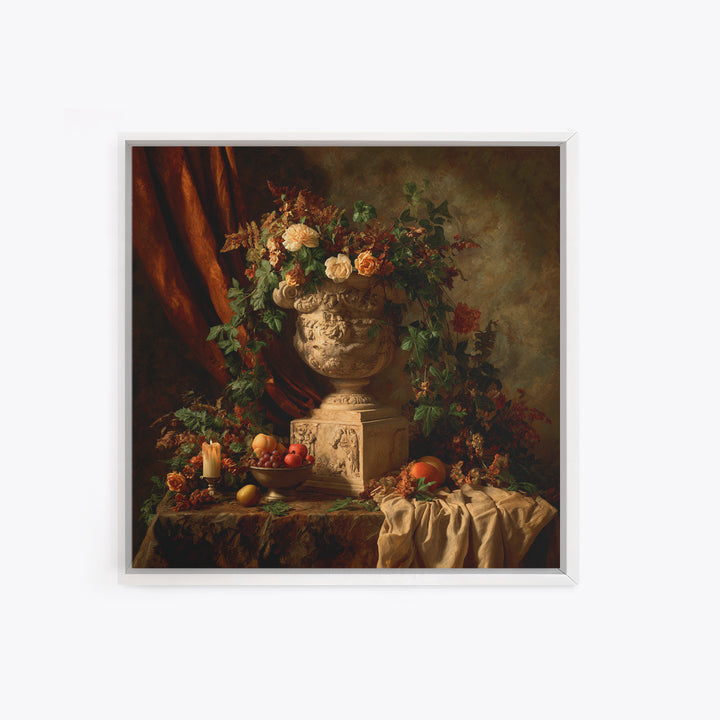 Garden Urn with Roses and Ivy Framed Canvas Print, Traditional Art, Landscape, Living Room Decor, Fine Art, Classic, TRA-1x1-72