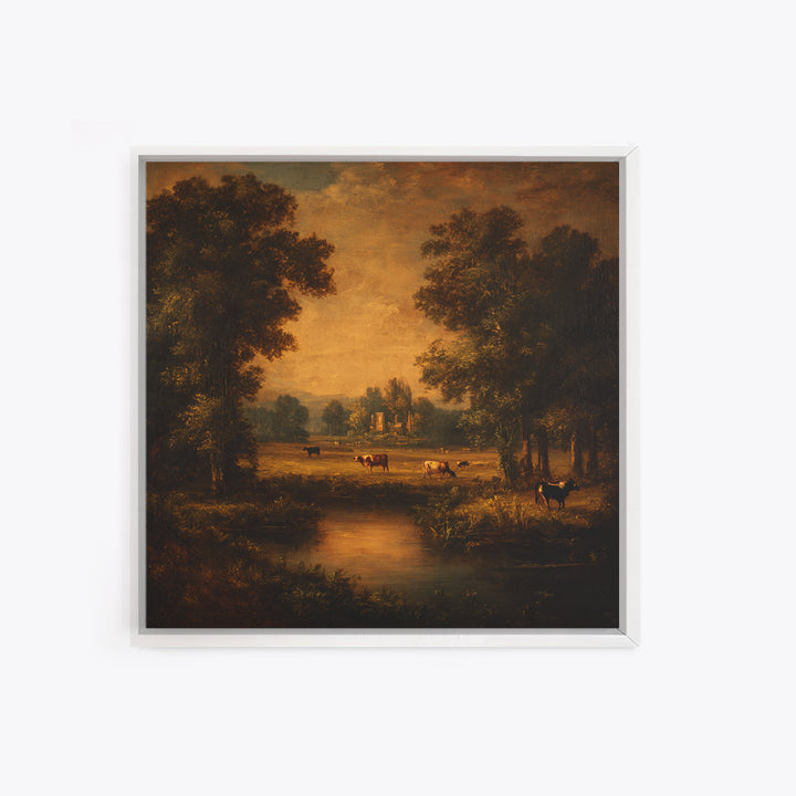 Pastoral Countryside with Cows in Field Framed Canvas Print, Traditional Art, Boho Decor, Living Room Decor, Oil Painting, TRA-1x1-79