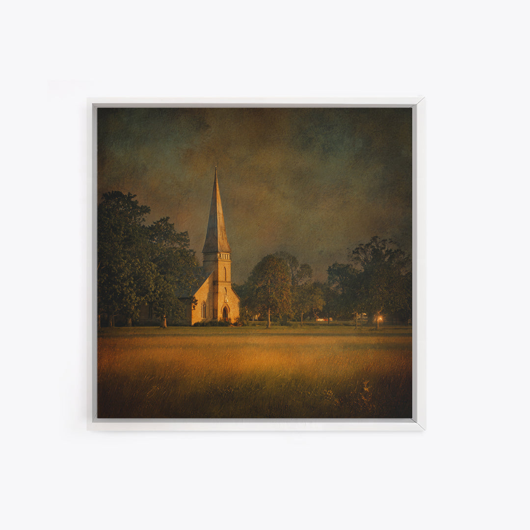 Church Steeple Across Rural Meadow Canvas Print, Traditional Art, Minimalist Decor, Living Room Decor, Oil Painting, Classic, TRA-1x1-85
