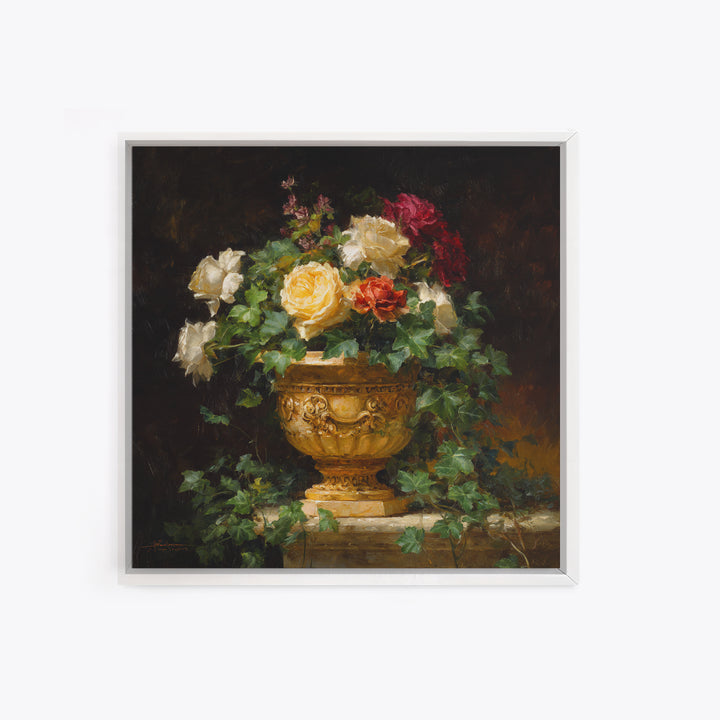 Garden Urn with Roses and Ivy Framed Canvas Print, Traditional Art, Decor, Living Room Decor, Fine Art, Classic, Japanese Art, TRA-1x1-96