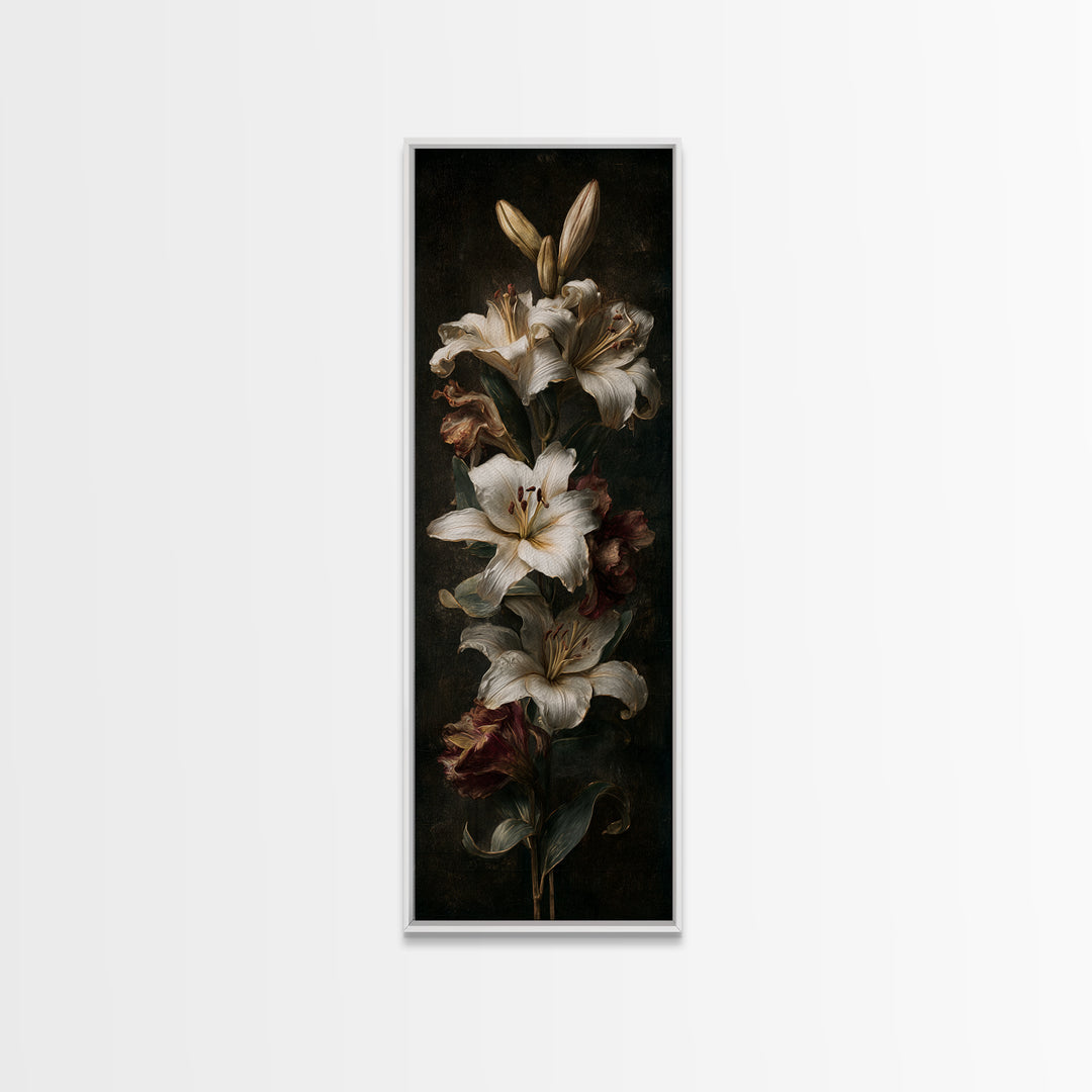 White Lilies on Dark Background Canvas Print, Traditional Art, Digital Print, Living Room Decor, Oil Painting, Classic, TRA-1x3-27