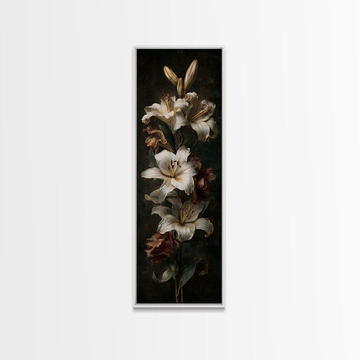 White Lilies on Dark Background Canvas Print, Traditional Art, Digital Print, Living Room Decor, Oil Painting, Classic, TRA-1x3-27