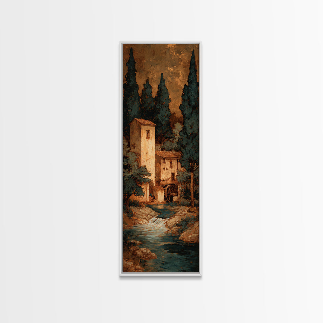 Watermill Beside a Quiet Stream Framed Canvas Print, Traditional Art, Textured Painting, Living Room Decor, Fine Art, Classic, TRA-1x3-29