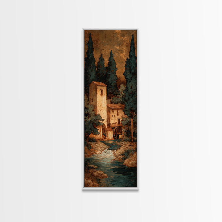 Watermill Beside a Quiet Stream Framed Canvas Print, Traditional Art, Textured Painting, Living Room Decor, Fine Art, Classic, TRA-1x3-29