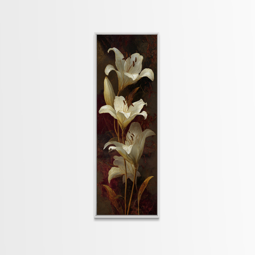 White Lilies on Dark Background Framed Canvas Print, Traditional Art, Canvas, Living Room Decor, Watercolor Art, Classic, TRA-1x3-3