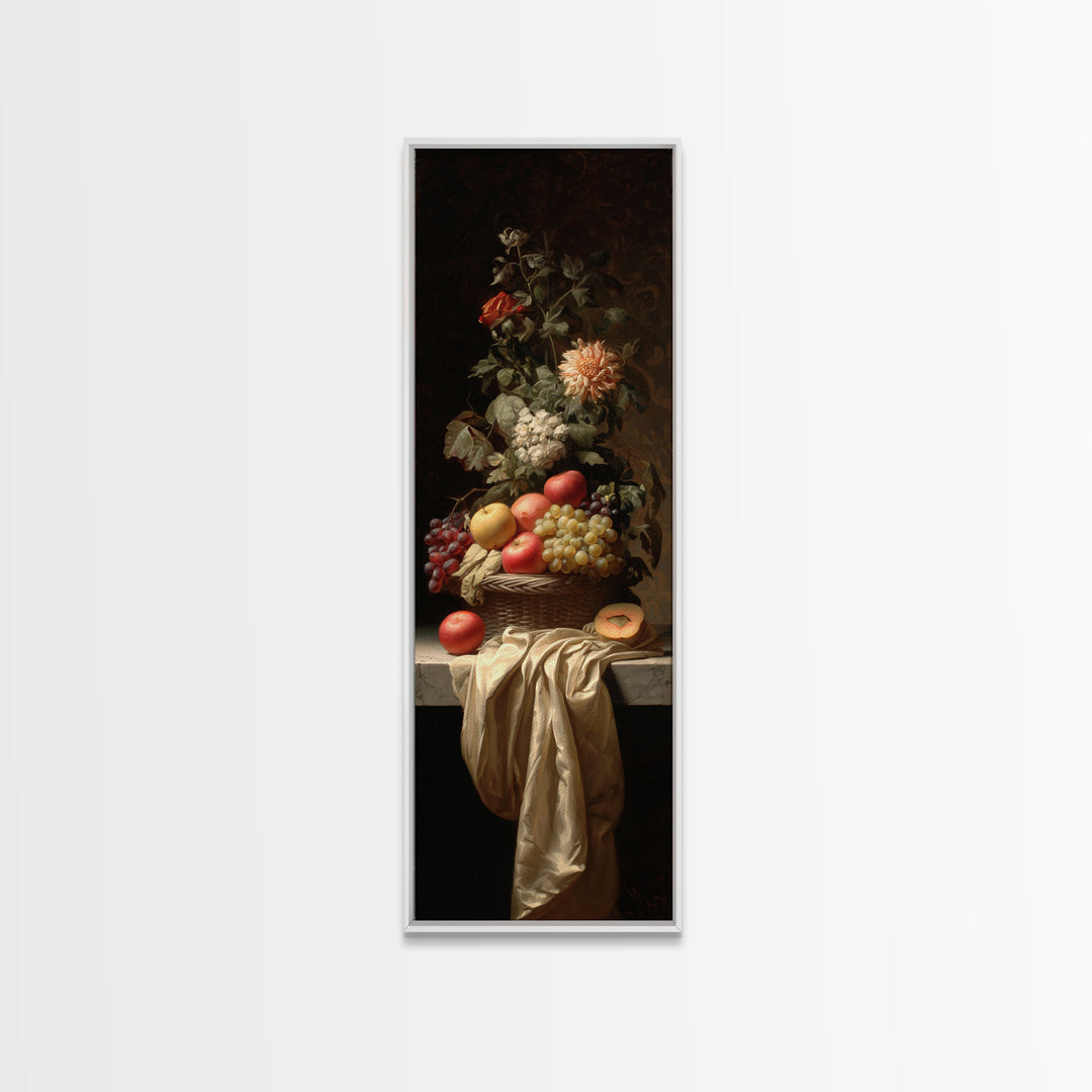 Basket of Apples and Pears on Linen Framed Canvas Print, Traditional Art, Dark Art, Living Room Decor, Abstract Art, Classic, TRA-1x3-30