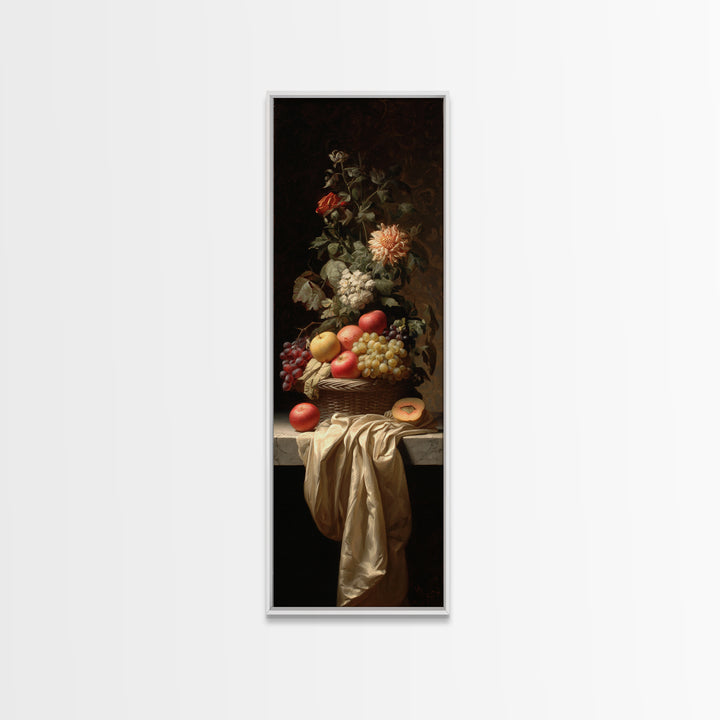 Basket of Apples and Pears on Linen Framed Canvas Print, Traditional Art, Dark Art, Living Room Decor, Abstract Art, Classic, TRA-1x3-30