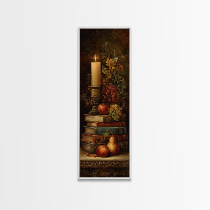 Still Life of Books Candle and Fruit Canvas Print, Traditional Art, Painting, Living Room Decor, Classic, Art Commissions, TRA-1x3-32