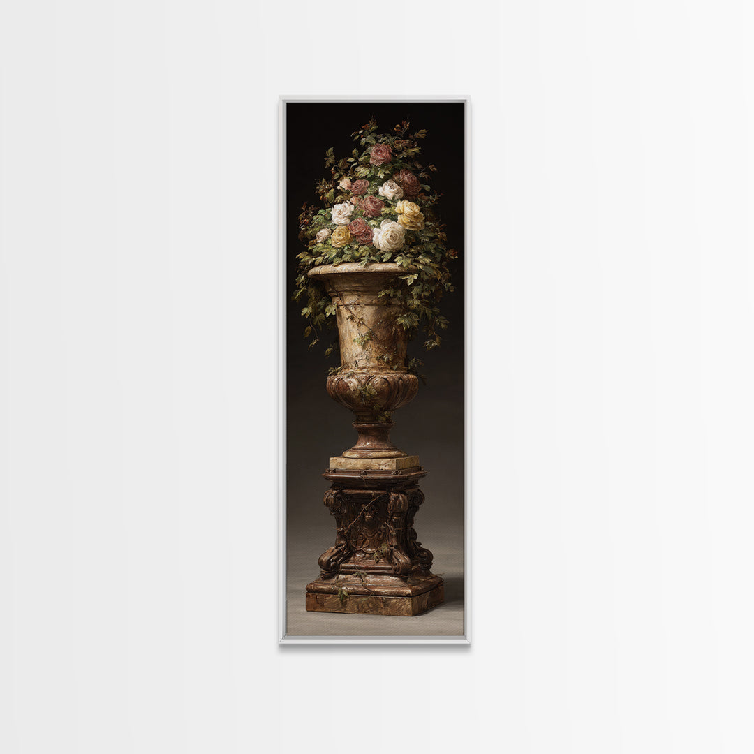 Garden Urn with Roses and Ivy Framed Canvas Print, Traditional Art, Decor, Living Room Decor, Fine Art, Classic, Japanese Art, TRA-1x3-36