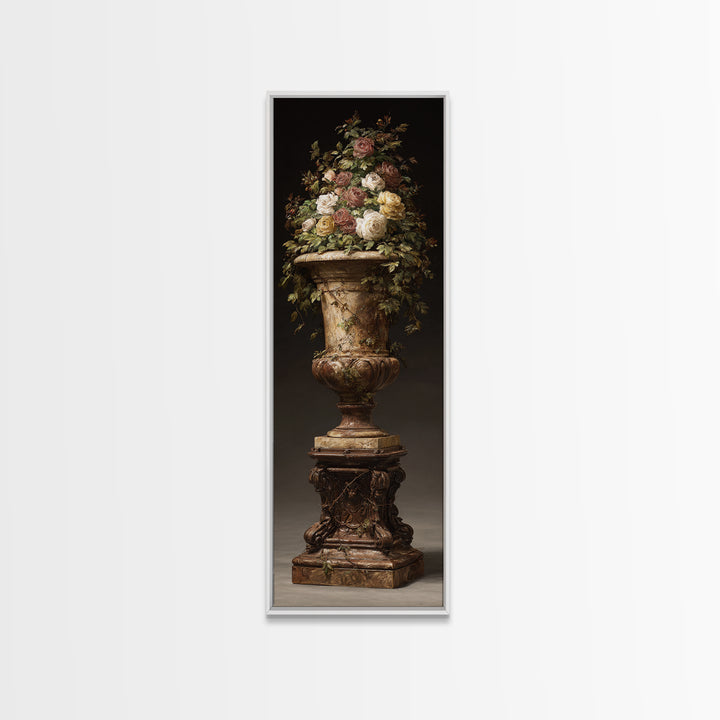 Garden Urn with Roses and Ivy Framed Canvas Print, Traditional Art, Decor, Living Room Decor, Fine Art, Classic, Japanese Art, TRA-1x3-36
