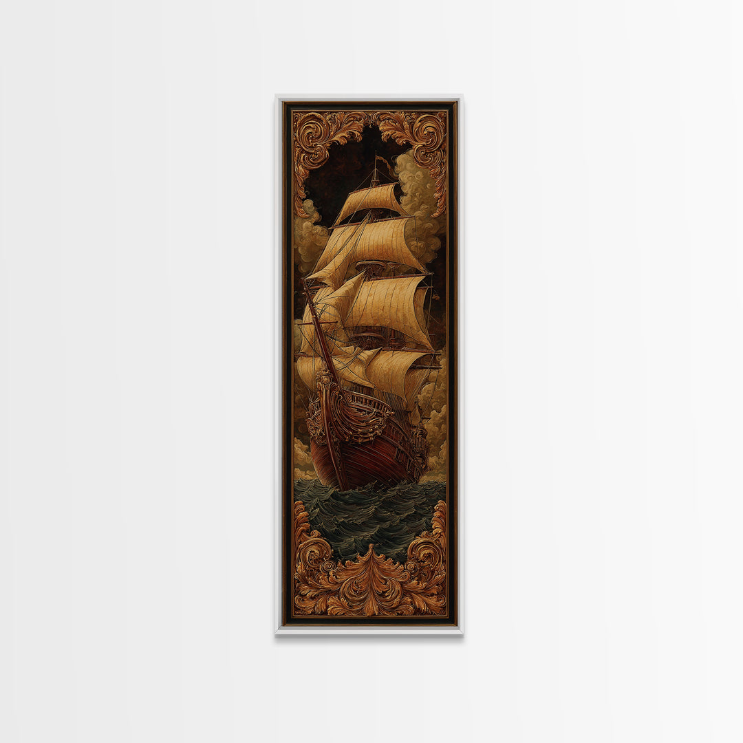 Ship at Sea Framed Canvas Print, Traditional Art, Fine Art Print, Living Room Decor, Fine Art, Classic, Wall Decor, Painting, TRA-1x3-50