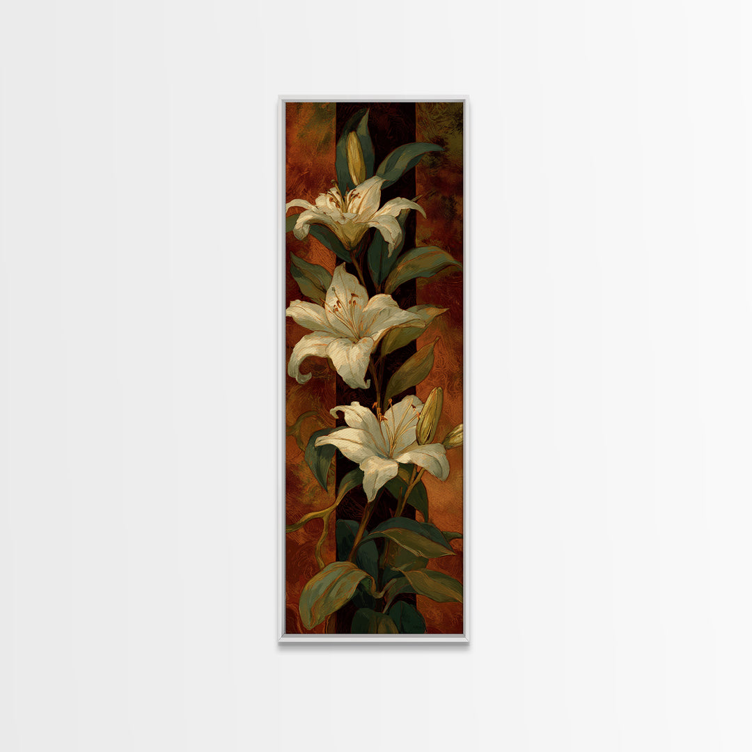 White Lilies on Dark Background Canvas Print, Traditional Art, Landscape, Living Room Decor, Abstract Art, Classic, TRA-1x3-51