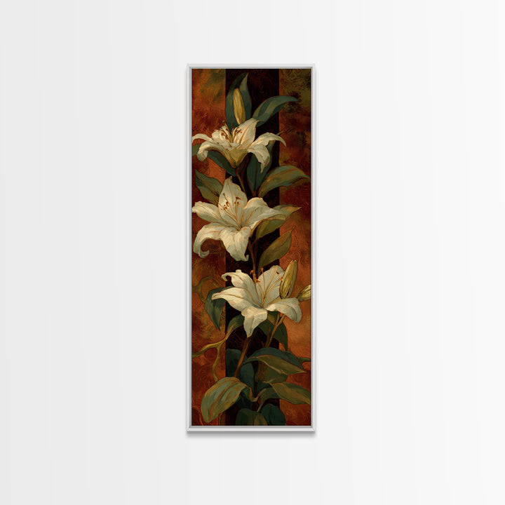 White Lilies on Dark Background Canvas Print, Traditional Art, Landscape, Living Room Decor, Abstract Art, Classic, TRA-1x3-51