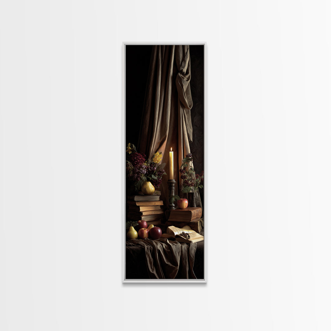 Still Life of Books Candle and Fruit Canvas Print, Traditional Art, Living Room Decor, Classic, Dark Art, Pokemon Poster, TRA-1x3-56