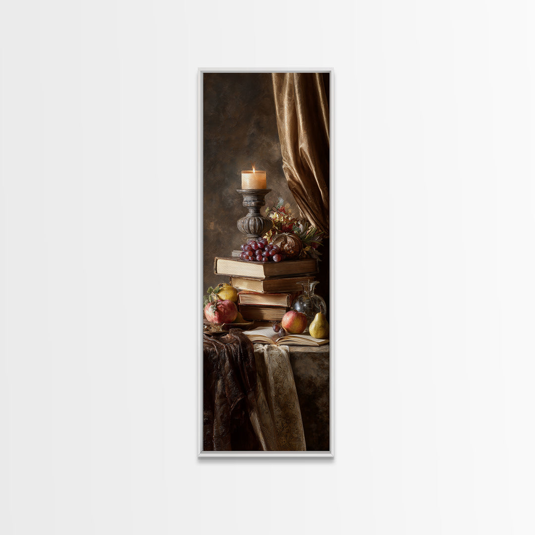 Still Life of Books Candle and Fruit Framed Canvas Print, Traditional Art, Contemporary Art, Living Room Decor, Classic, TRA-1x3-8