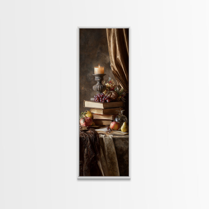 Still Life of Books Candle and Fruit Framed Canvas Print, Traditional Art, Contemporary Art, Living Room Decor, Classic, TRA-1x3-8
