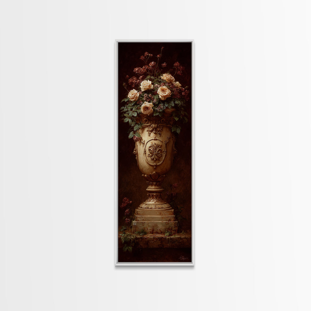 Garden Urn with Roses and Ivy Framed Canvas Print, Traditional Art, Art Commissions, Living Room Decor, Oil Painting, Classic, TRA-1x3-84