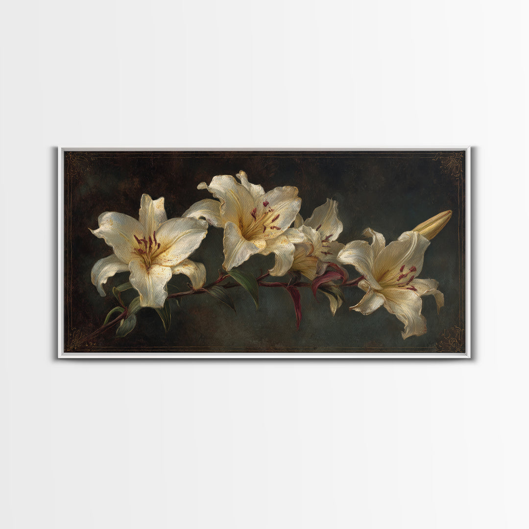 White Lilies on Dark Background Framed Canvas Print, Traditional Art, Custom Art, Living Room Decor, Fine Art, Classic, TRA-2x1-11