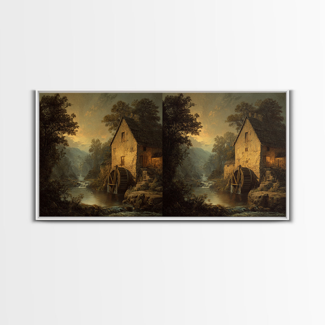 Watermill Beside a Quiet Stream Framed Canvas Print, Traditional Art, Painting, Living Room Decor, Fine Art, Classic, TRA-2x1-13