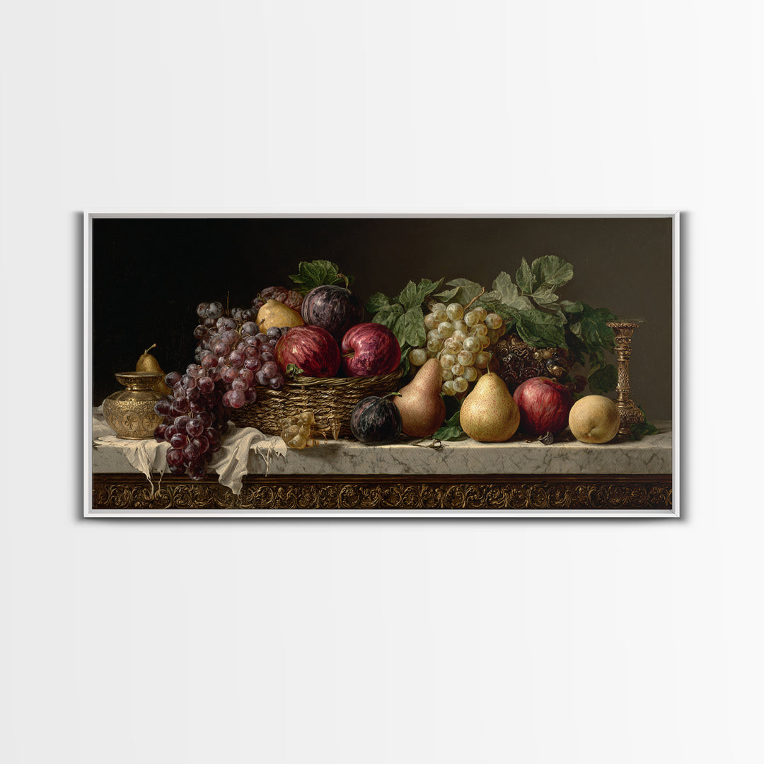 Basket of Apples and Pears on Linen Framed Canvas Print, Traditional Art, Luxury Decor, Living Room Decor, Abstract Art, TRA-2x1-14