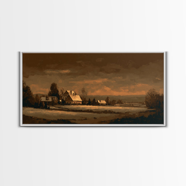 Snowy Village Landscape at Twilight Framed Canvas Print, Traditional Art, Living Room Decor, Watercolor Art, Classic, TRA-2x1-15