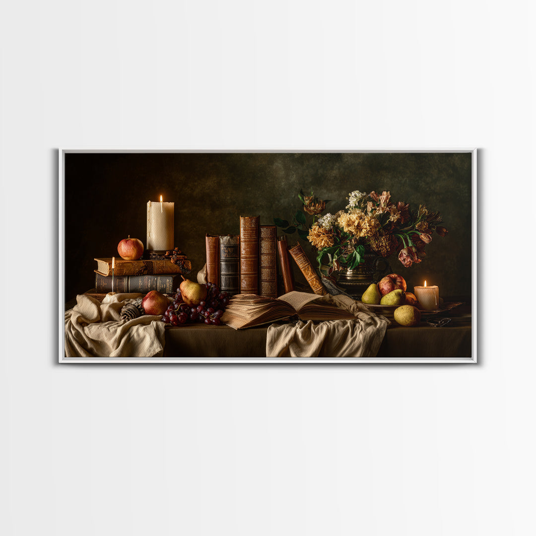 Still Life of Books Candle and Fruit Framed Canvas Print, Traditional Art, Fine Art Print, Living Room Decor, Fine Art, Classic, TRA-2x1-16