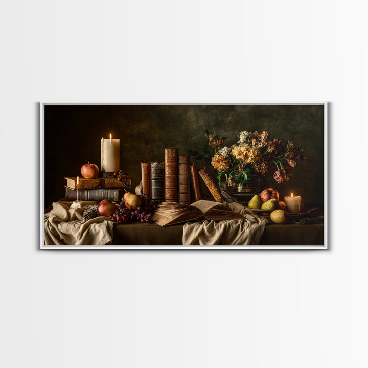 Still Life of Books Candle and Fruit Framed Canvas Print, Traditional Art, Fine Art Print, Living Room Decor, Fine Art, Classic, TRA-2x1-16