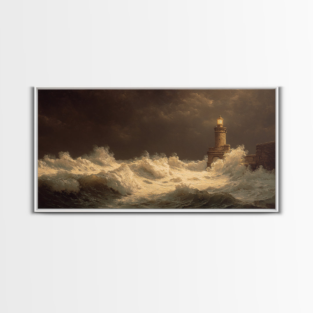 Lighthouse with Crashing Waves Canvas Print, Traditional Art, Decor, Living Room Decor, Fine Art, Classic, Japanese Art, TRA-2x1-17