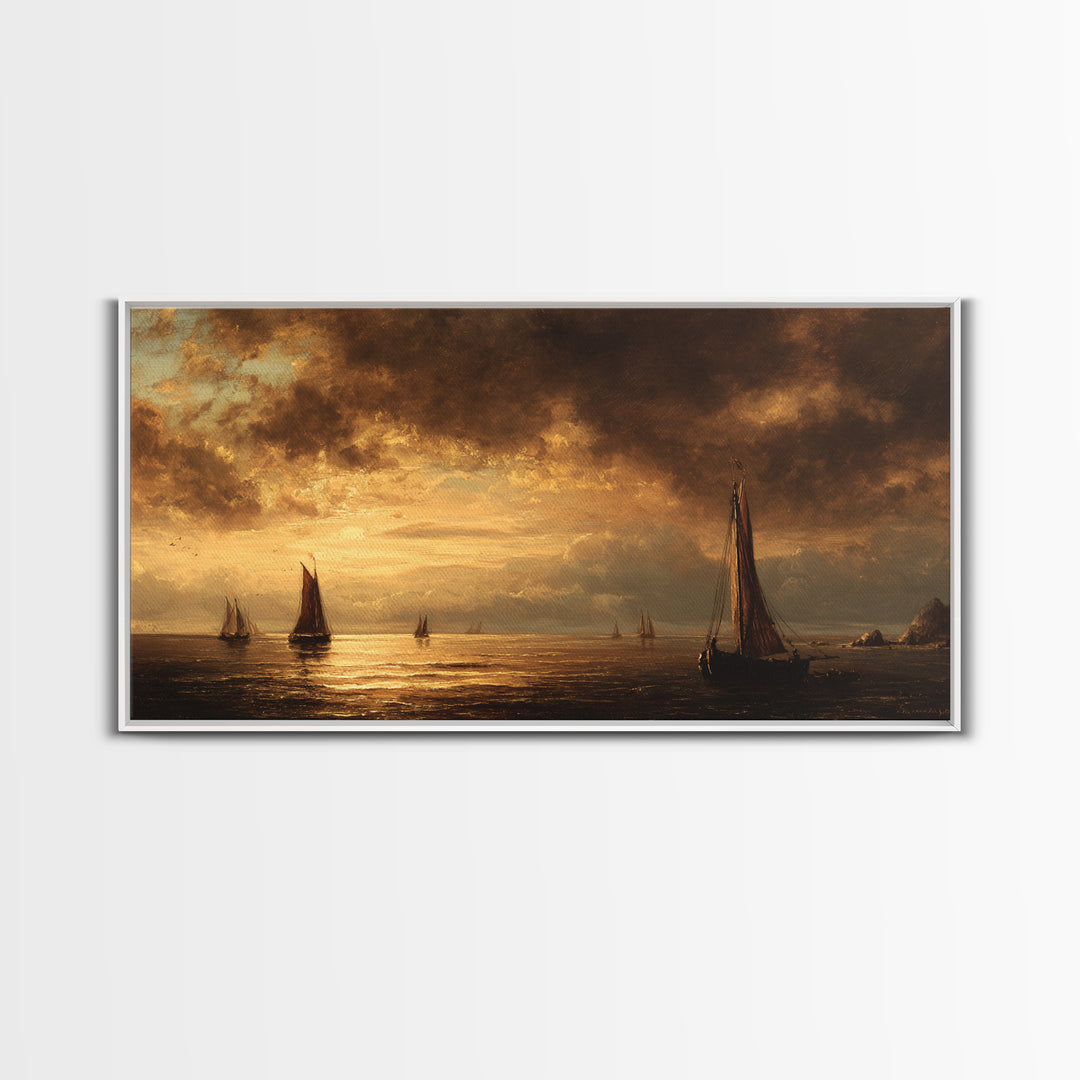 Seascape with Sailboats and Cloudy Sky Framed Canvas Print, Traditional Art, Digital Art, Living Room Decor, Fine Art, Classic, TRA-2x1-25