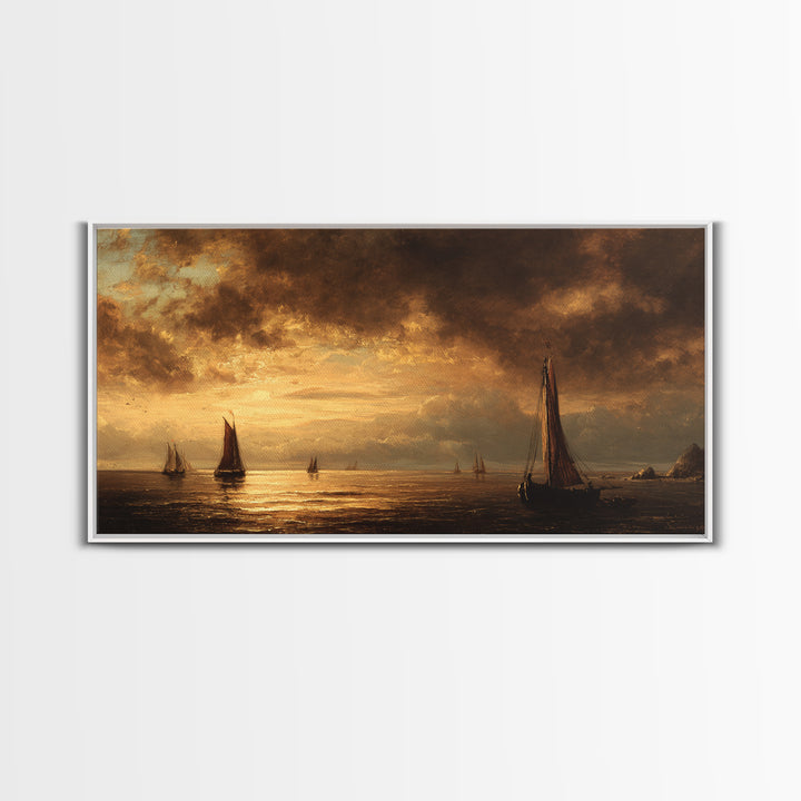 Seascape with Sailboats and Cloudy Sky Framed Canvas Print, Traditional Art, Digital Art, Living Room Decor, Fine Art, Classic, TRA-2x1-25