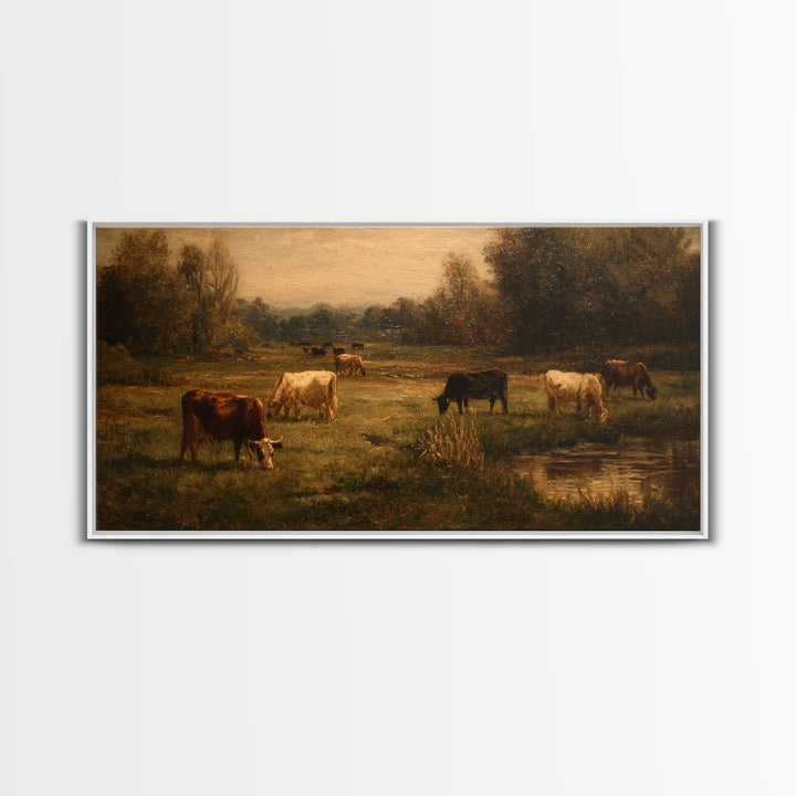 Pastoral Countryside with Cows in Field Framed Canvas Print, Traditional Art, Boho Decor, Living Room Decor, Oil Painting, TRA-2x1-27