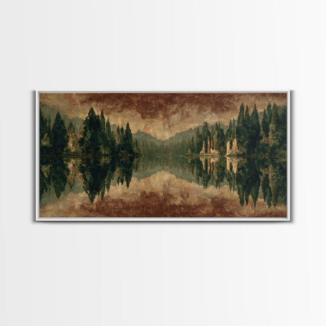 Mountain Lake with Pine Forest Reflection Framed Canvas Print, Traditional Art, Canvas, Living Room Decor, Fine Art, Classic, TRA-2x1-29