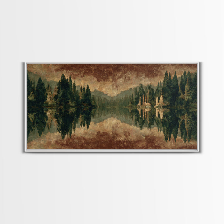 Mountain Lake with Pine Forest Reflection Framed Canvas Print, Traditional Art, Canvas, Living Room Decor, Fine Art, Classic, TRA-2x1-29