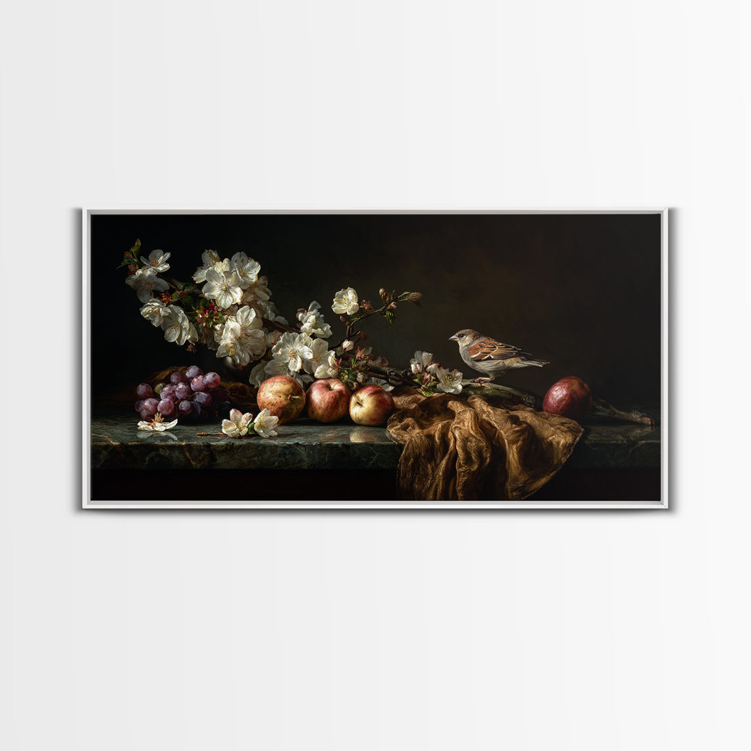 Bird Study on a Flowering Branch Framed Canvas Print, Traditional Art, Minimalist Decor, Living Room Decor, Oil Painting, TRA-2x1-30