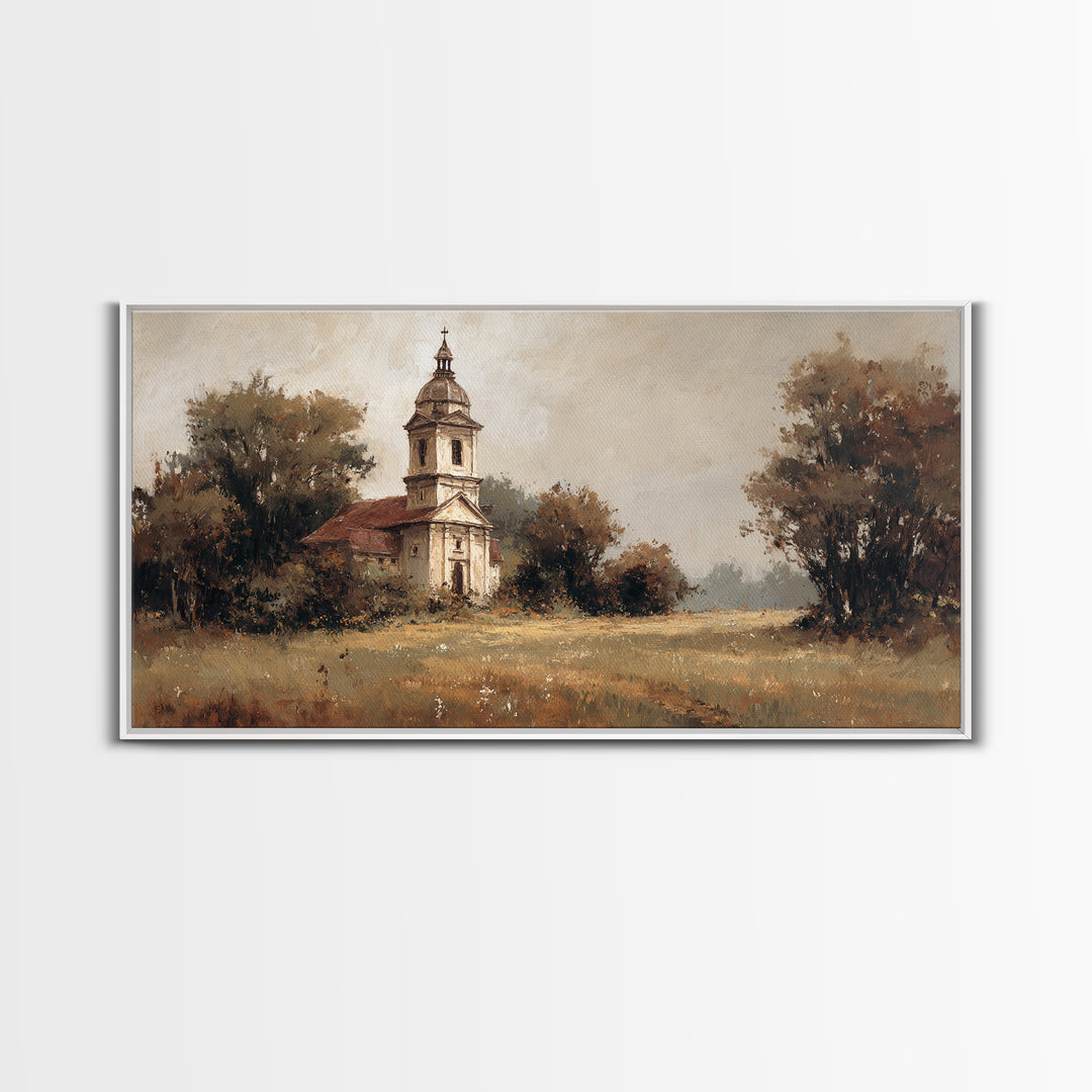 Church Steeple Across Rural Meadow Framed Canvas Print, Traditional Art, Wall Decor, Living Room Decor, Fine Art, Classic, TRA-2x1-33