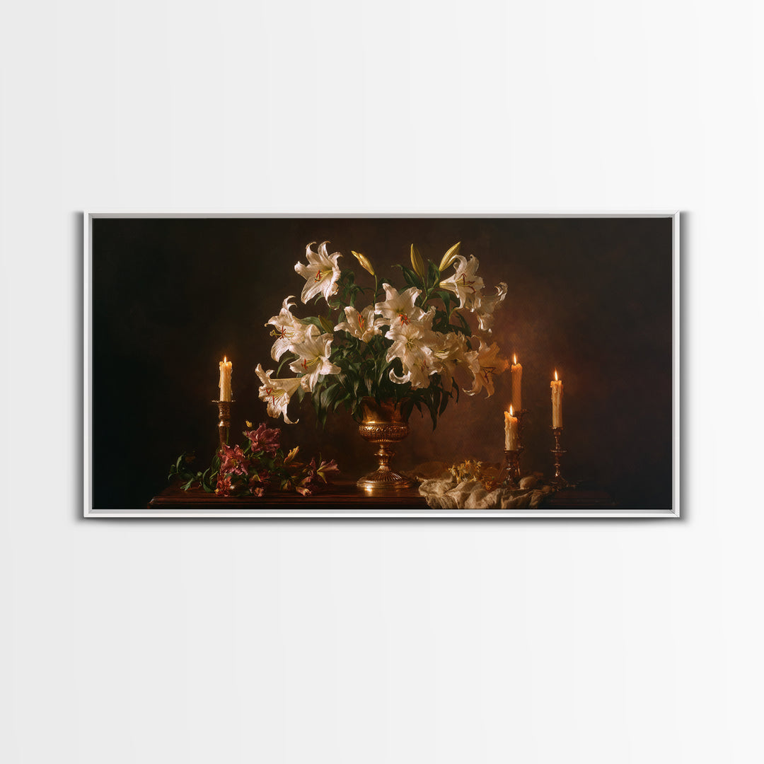White Lilies on Dark Background Framed Canvas Print, Traditional Art, Wall Art, Living Room Decor, Oil Painting, Classic, TRA-2x1-35