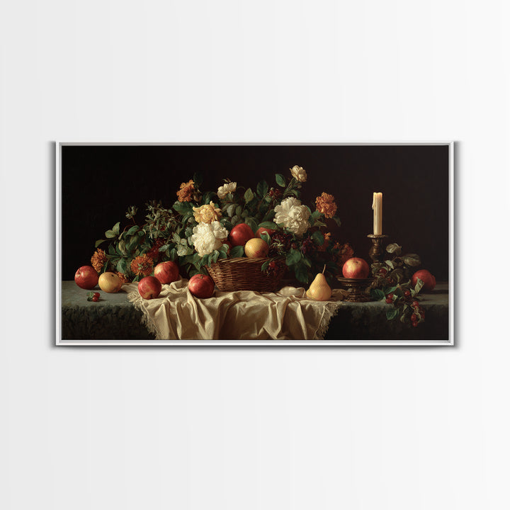 Basket of Apples and Pears on Linen Framed Canvas Print, Traditional Art, Luxury Decor, Living Room Decor, Abstract Art, TRA-2x1-38