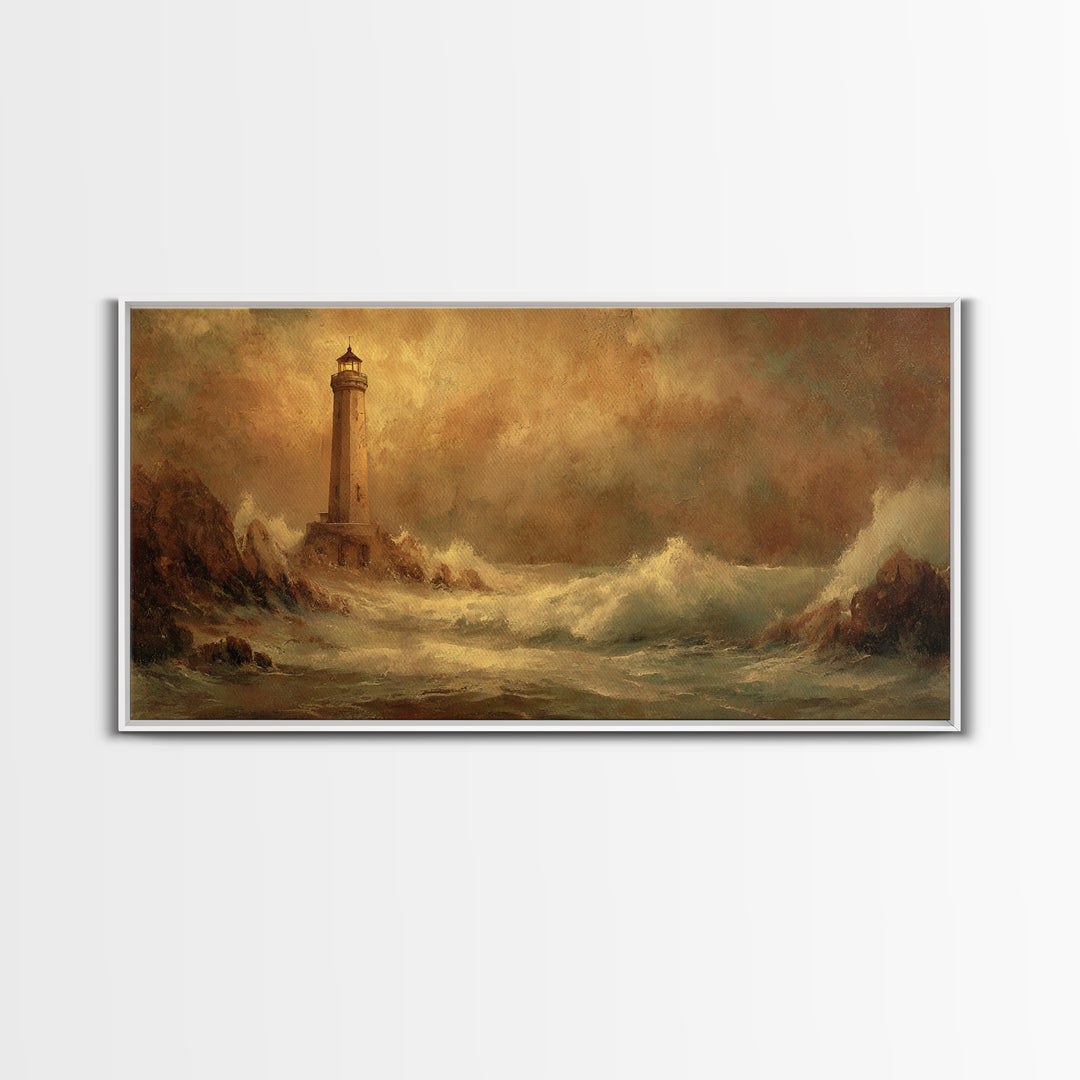 Lighthouse with Crashing Waves Canvas Print, Traditional Art, Decor, Living Room Decor, Fine Art, Classic, Japanese Art, TRA-2x1-41