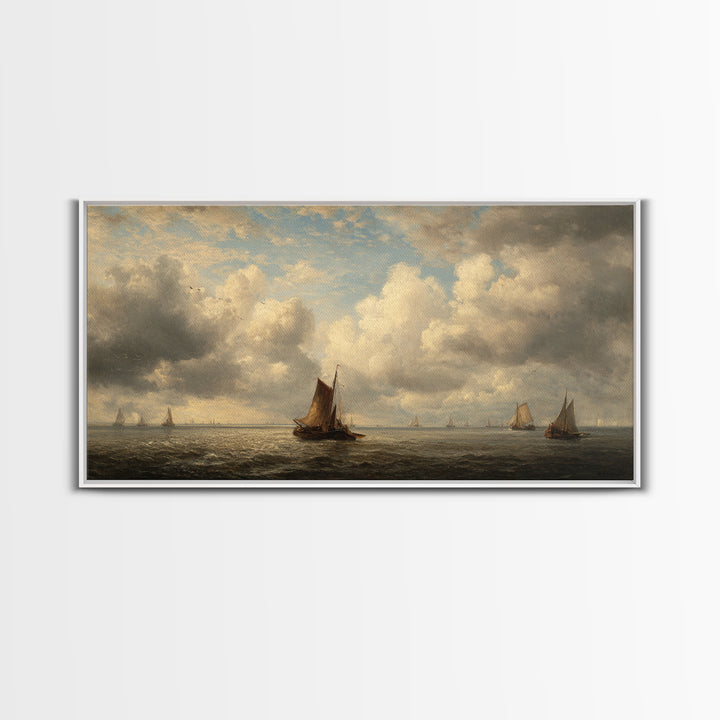 Seascape with Sailboats and Cloudy Sky Canvas Print, Traditional Art, Original Art, Living Room Decor, Fine Art, Classic, TRA-2x1-49