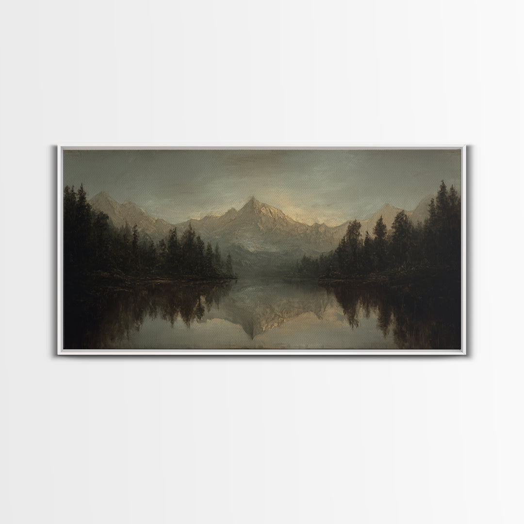 Mountain Lake with Pine Forest Reflection Framed Canvas Print, Traditional Art, Canvas, Living Room Decor, Fine Art, Classic, TRA-2x1-5